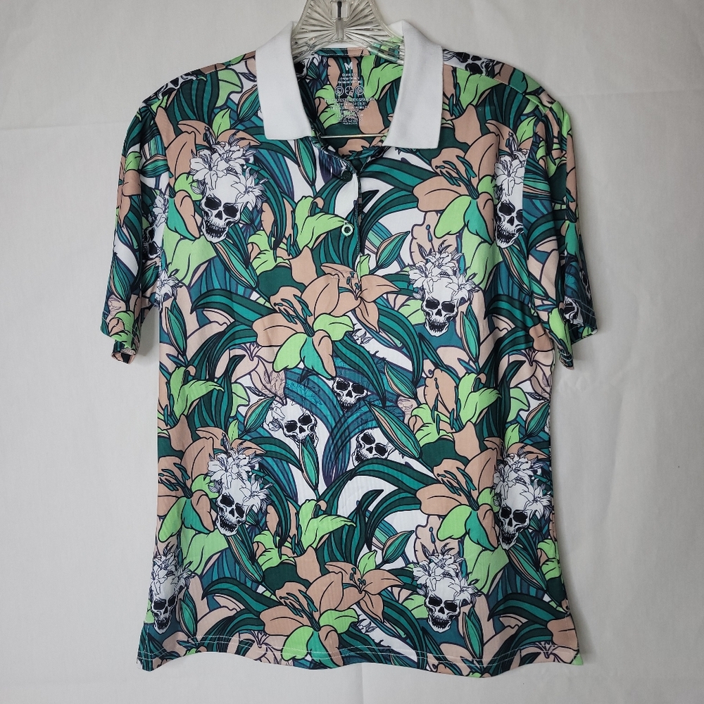 Boys Golf Polo‎ Shirt Skull Floral Print Quick Dry Stretch Size M